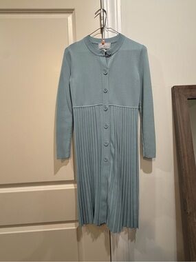 Pleated Mid-Length Button Cardigan in Soft Blue